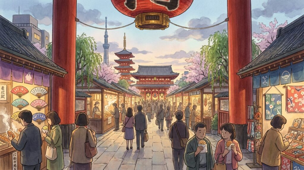 ถนนนากามิเสะ (Nakamise-dori) อาซากุสะ: ช้อปของฝากญี่ปุ่นแท้ๆ พร้อมเส้นทางเดินไปวัดเซ็นโซจิ