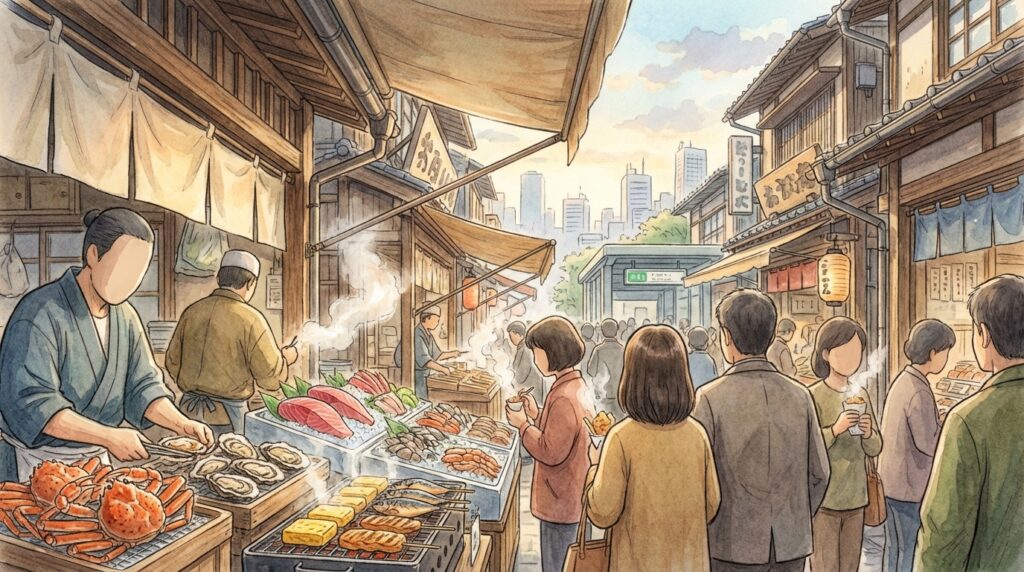 ตลาดปลาซึกิจิ (ตลาดนอกสึกิจิ) คืออะไร? ร้านอาหารทะเลวิธีไปและของอร่อยห้ามพลาดในโตเกียว