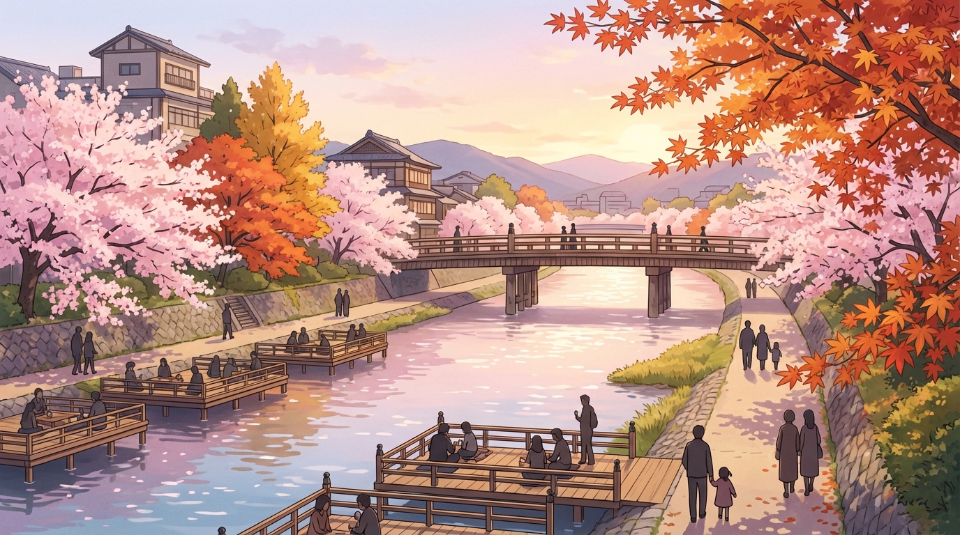 แม่น้ำคาโมะ (鴨川) เกียวโต: จุดชมวิวสุดชิล เดินเล่นริมแม่น้ำ + ร้านอาหารและช่วงเวลาน่าไป